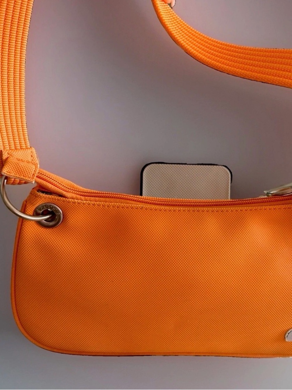 VTG peach-orange Lacoste baguette shoulder bag Embroidered Logo Green Interior